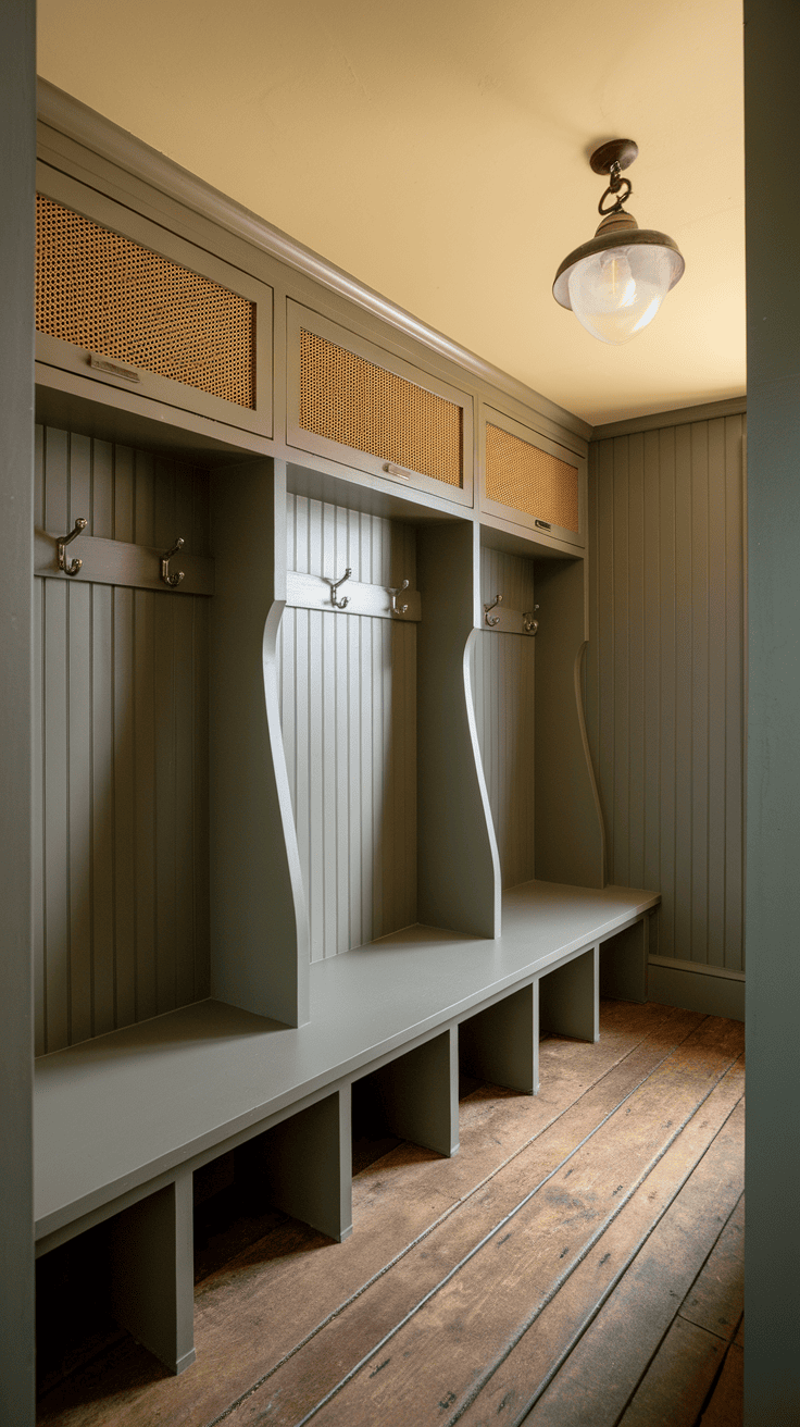 A hallway with functional wall panels featuring hooks and storage above.