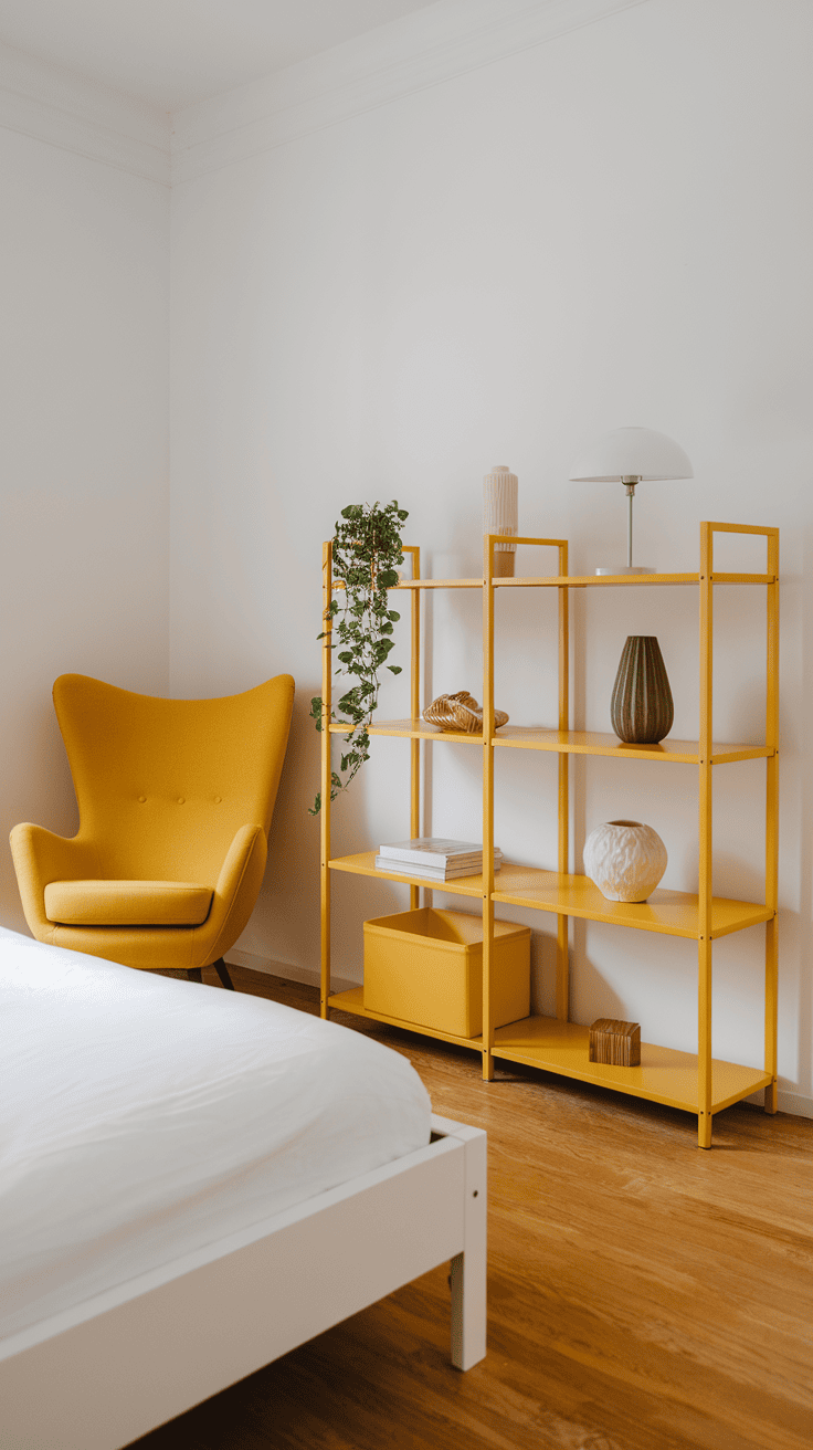 A bedroom featuring yellow storage solutions with a bed and shelves.