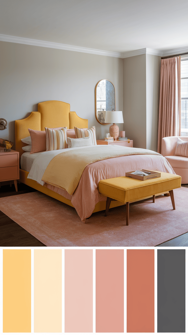 A cozy bedroom featuring a yellow headboard, blush bedding, and matching furniture.