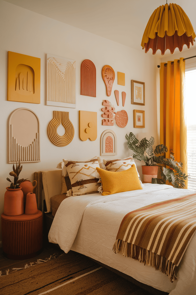 A cozy bedroom with a gallery wall featuring yellow and terracotta art, complemented by warm bedding and plants.