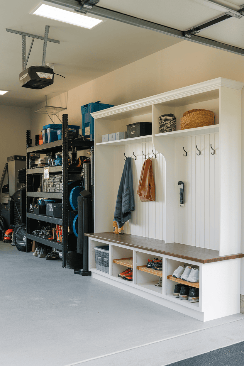 A well-organized garage mudroom with cabinets, hooks, and shelves for storage.