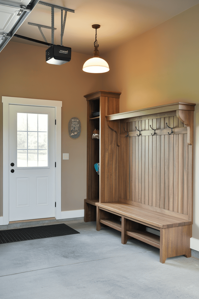 Organized garage mudroom with labeled bins and hooks for storage