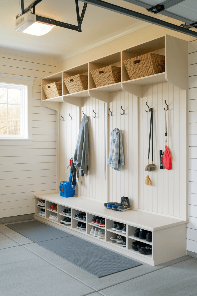 A modern garage mudroom with hooks, baskets, and shoe storage.