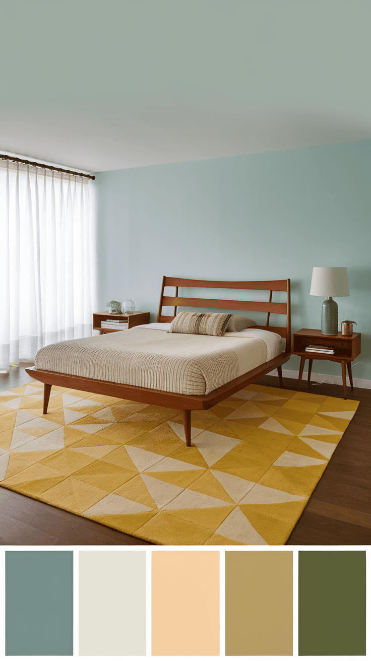 A bright yellow geometric rug in a mid century bedroom with wooden furniture.