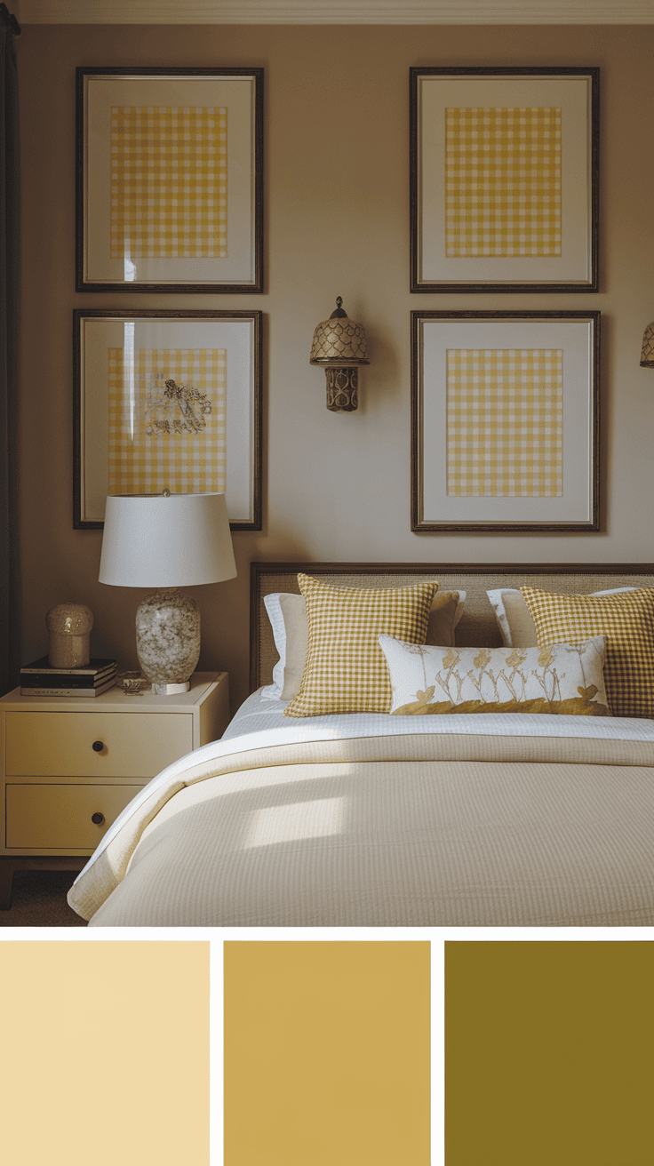 A cozy bedroom featuring gingham-inspired artwork in yellow tones.