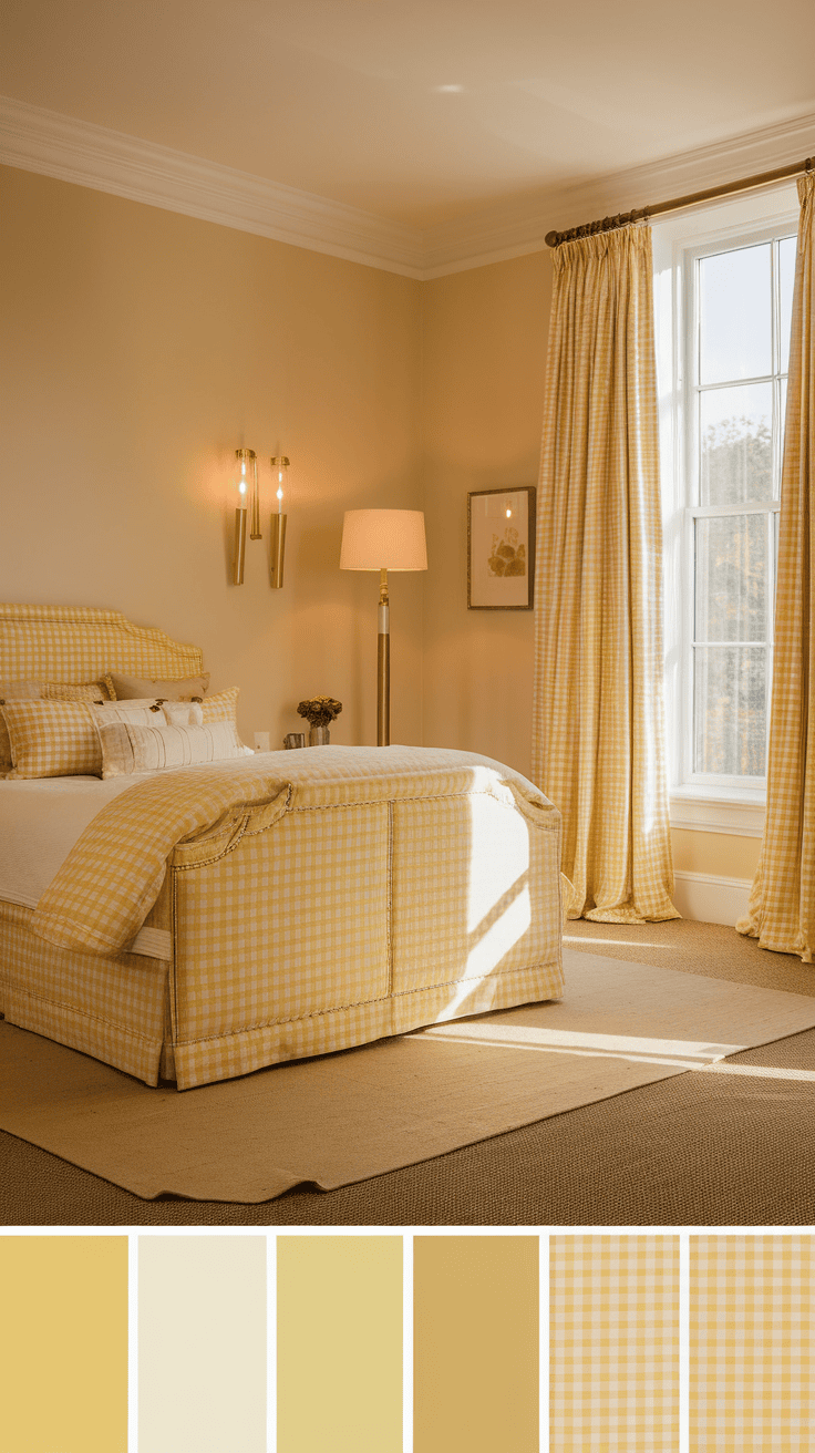 A bright and cozy bedroom featuring gingham patterned curtains and bedding in soft yellow hues.