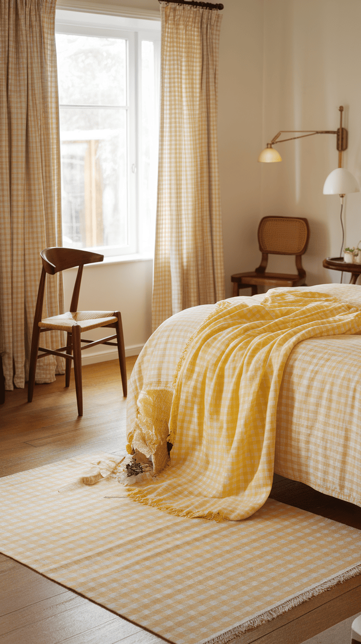 A cozy bedroom with gingham throw blankets and rugs in warm colors.