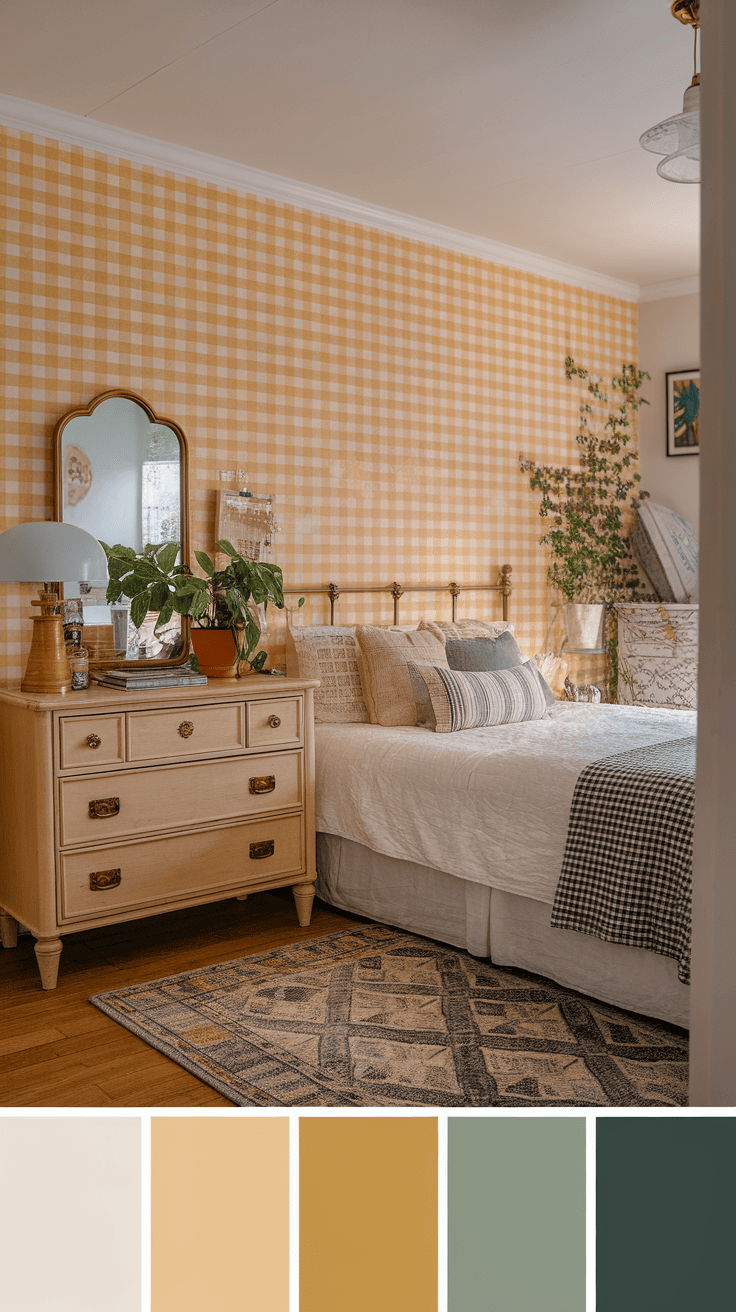 A bedroom featuring gingham wallpaper in warm tones, with a vintage bed and plants.