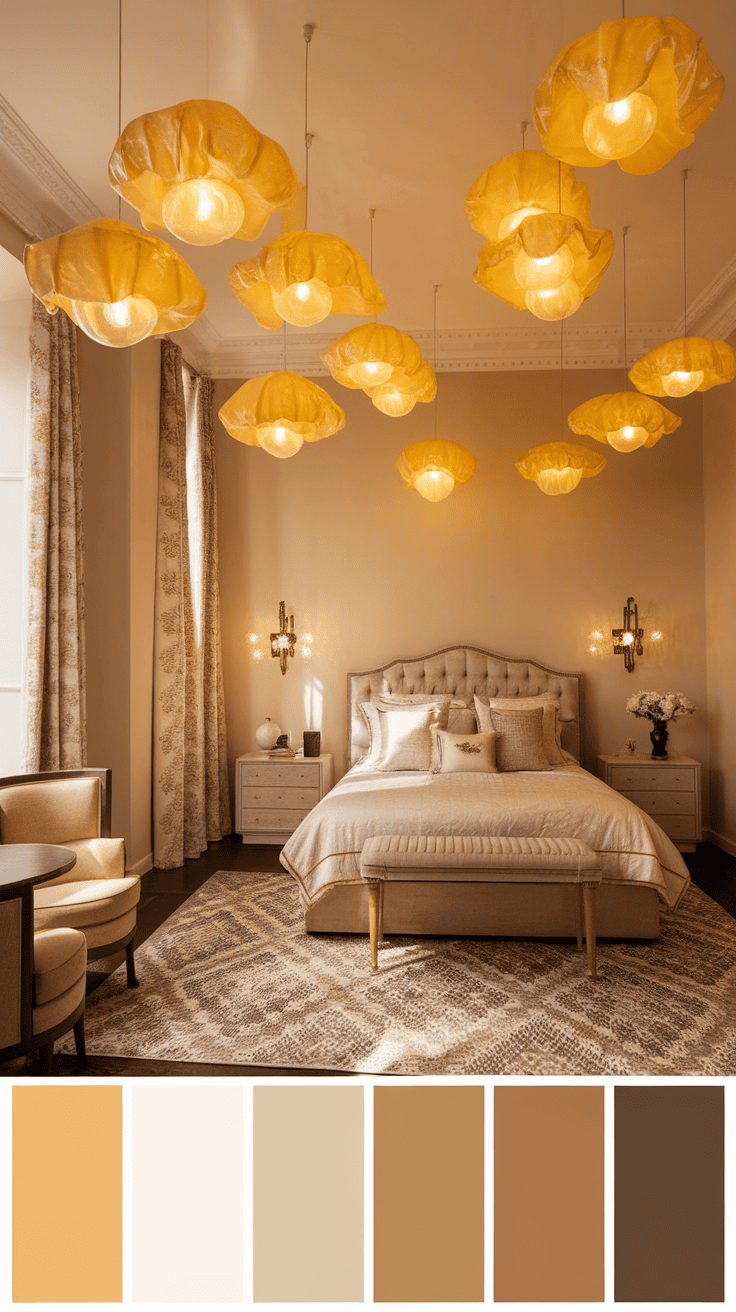 A beautifully lit bedroom featuring golden yellow lighting fixtures.