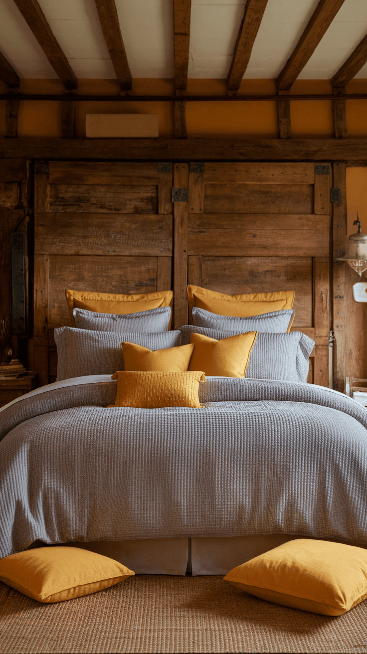 A cozy bedroom featuring grey textured bedding and yellow accents.