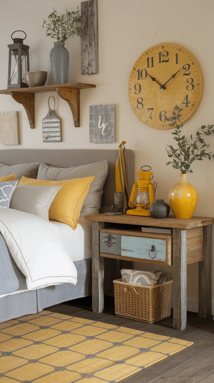 A cozy farmhouse bedroom with yellow and grey decor, featuring a bed with pillows, a wooden side table, and decorative items.