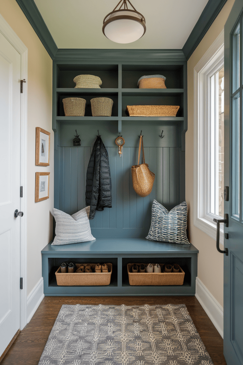 A narrow mudroom entryway featuring a cozy bench with baskets, shelves above for storage, and hooks for jackets.