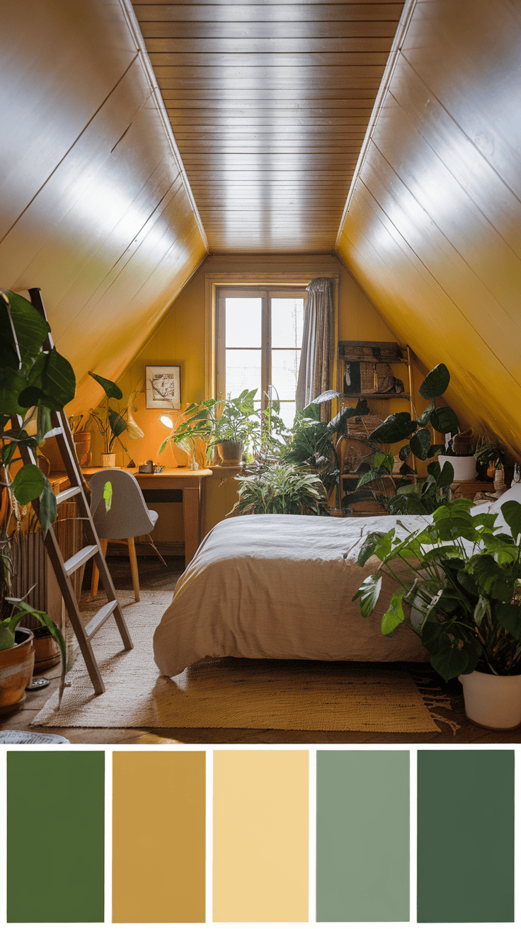 A cozy yellow attic bedroom filled with various indoor plants.