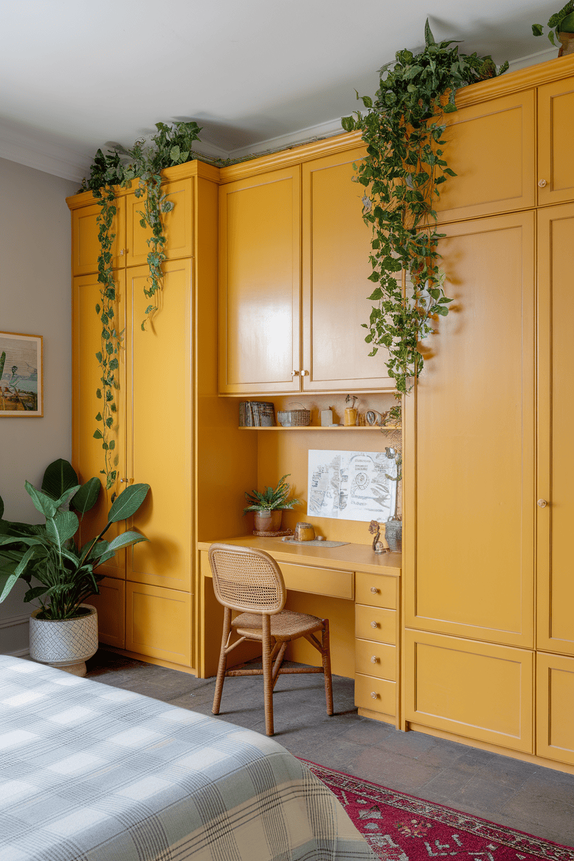 A room showcasing yellow cabinetry and desk, adorned with greenery, creating a welcoming atmosphere.