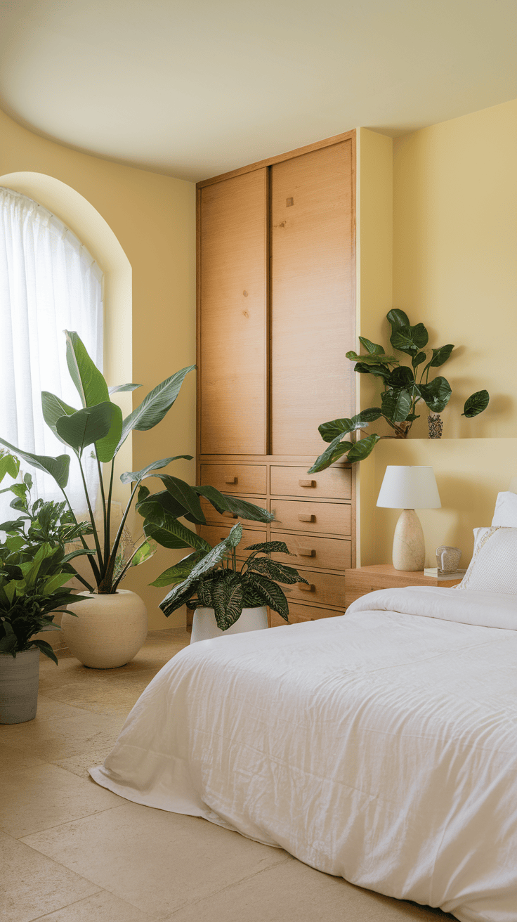 A cozy bedroom featuring plants, a wooden bed, and a warm color palette.