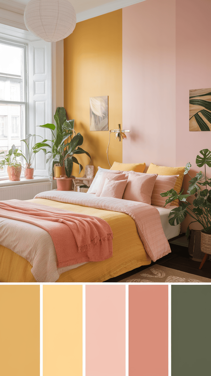 A bright and inviting bedroom featuring yellow and blush walls, complemented by various indoor plants.