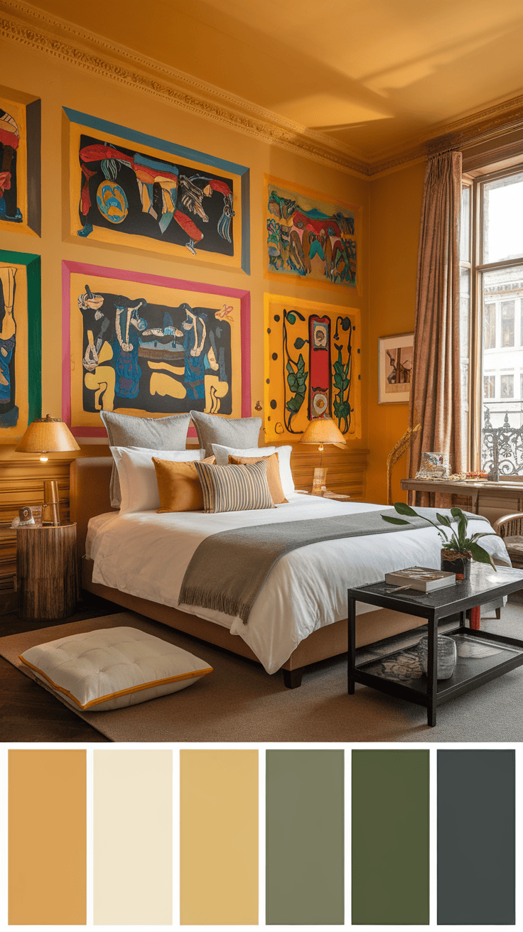 A cozy apartment bedroom featuring yellow walls adorned with vibrant artwork.