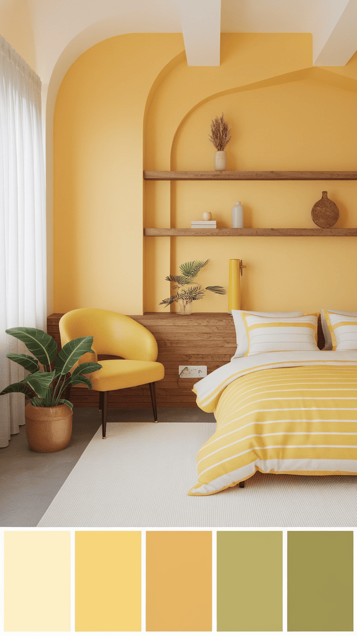 A bright bedroom featuring yellow walls, bedding, and natural elements like plants and wooden shelves.