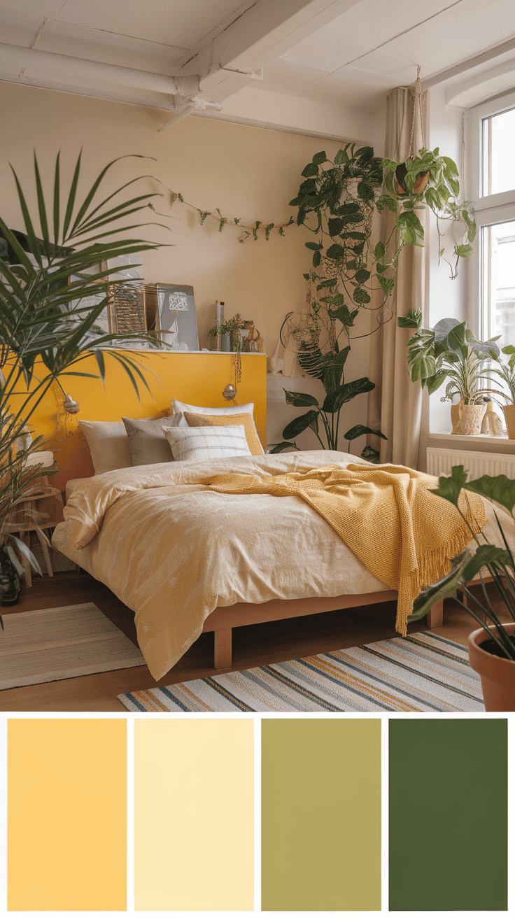 A cozy bedroom featuring yellow accents and indoor plants.