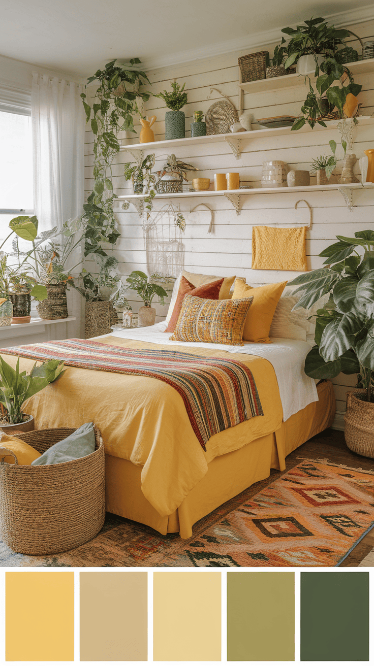 A cozy bedroom with a variety of indoor plants and yellow accents.