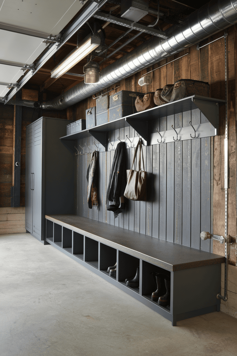 A stylish garage mudroom with a bench, hooks for hanging and storage space.