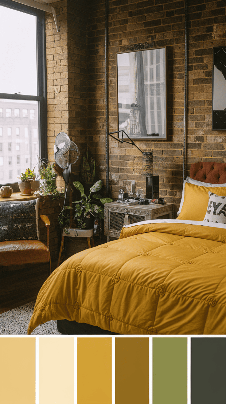 A cozy industrial bedroom featuring yellow bedding, exposed brick walls, and plants.