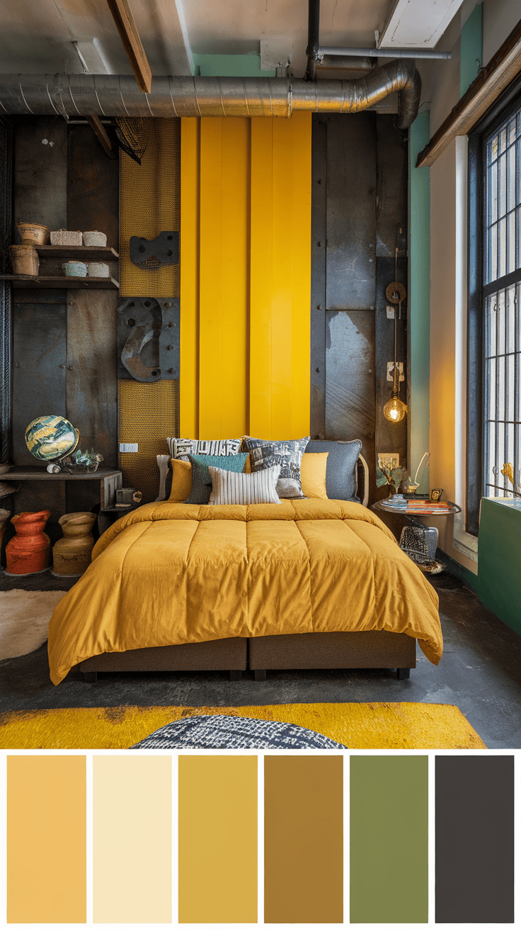 Eclectic bedroom with yellow wall and industrial elements