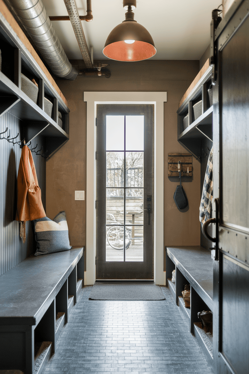 Industrial style mudroom with metal and wood details featuring benches and hooks.