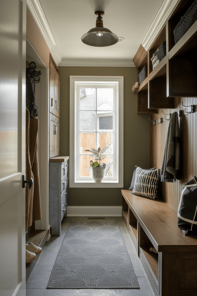 A narrow mudroom featuring industrial lighting, wooden storage units, and a cozy seating area.