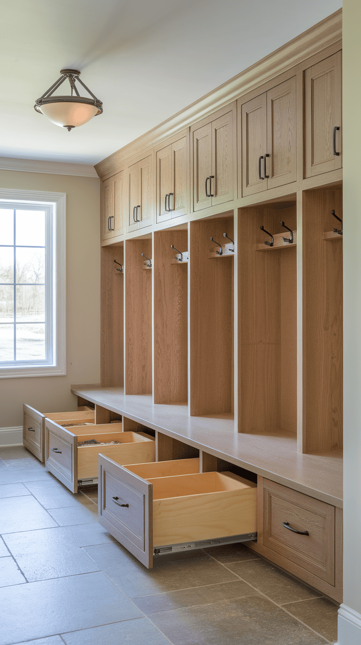 A beautifully designed mudroom cabinet with shoes, bags, and hooks for storage.