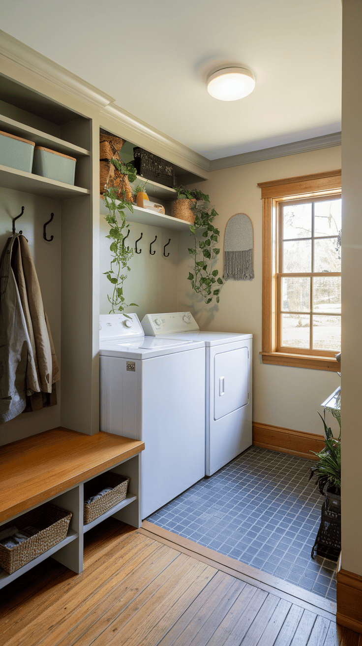 A bright and organized laundry nook featuring a washer and dryer, plants, and storage solutions.