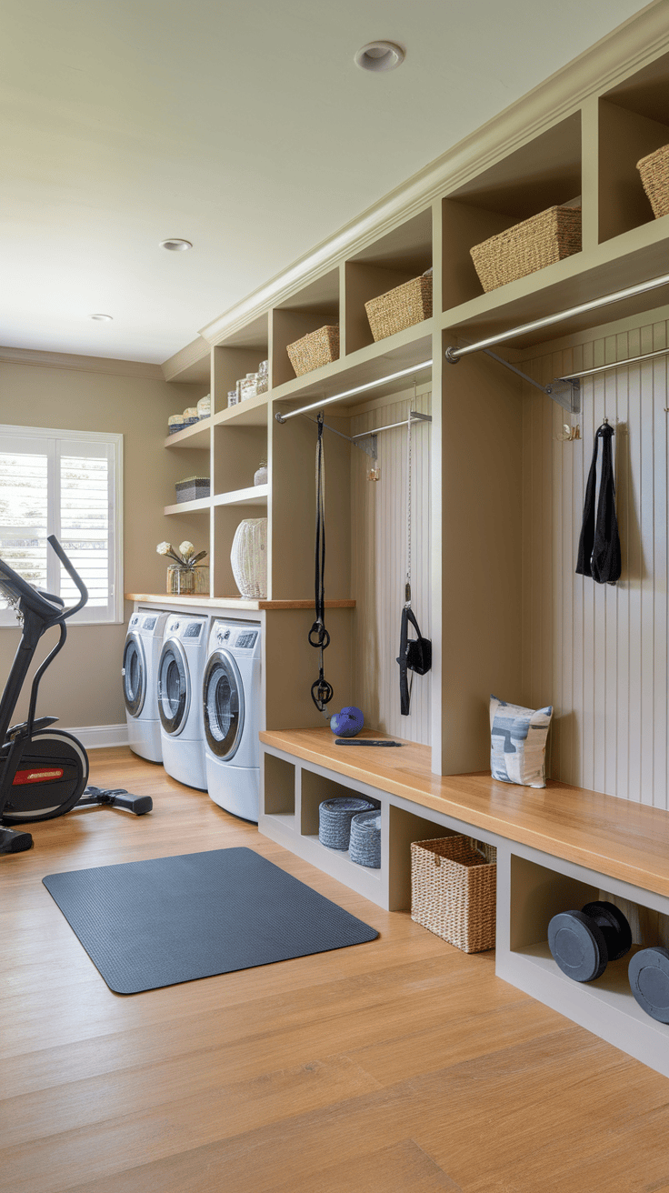 A mudroom gym featuring a treadmill, weights, and a laundry area with washing machines.