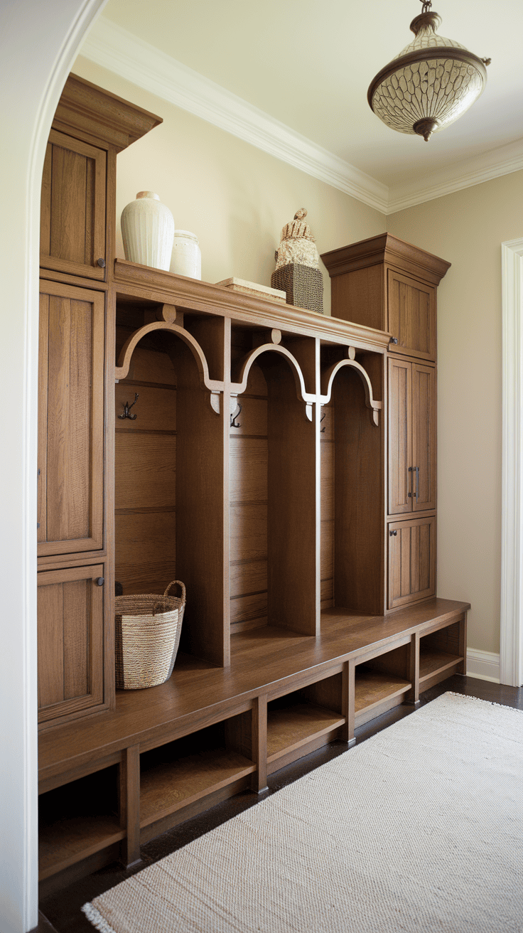 Mudroom cabinets with hooks and open shelving in an entryway.