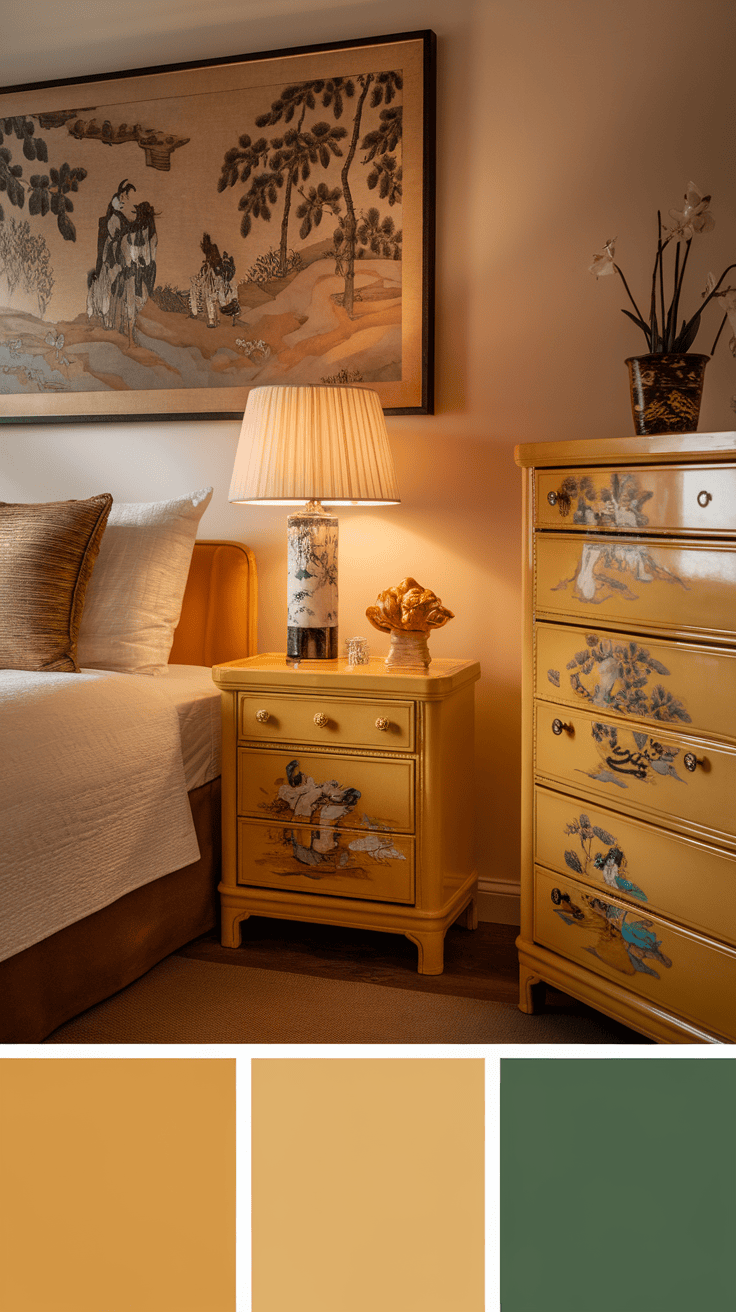 Lacquered yellow furniture in a stylish bedroom setting