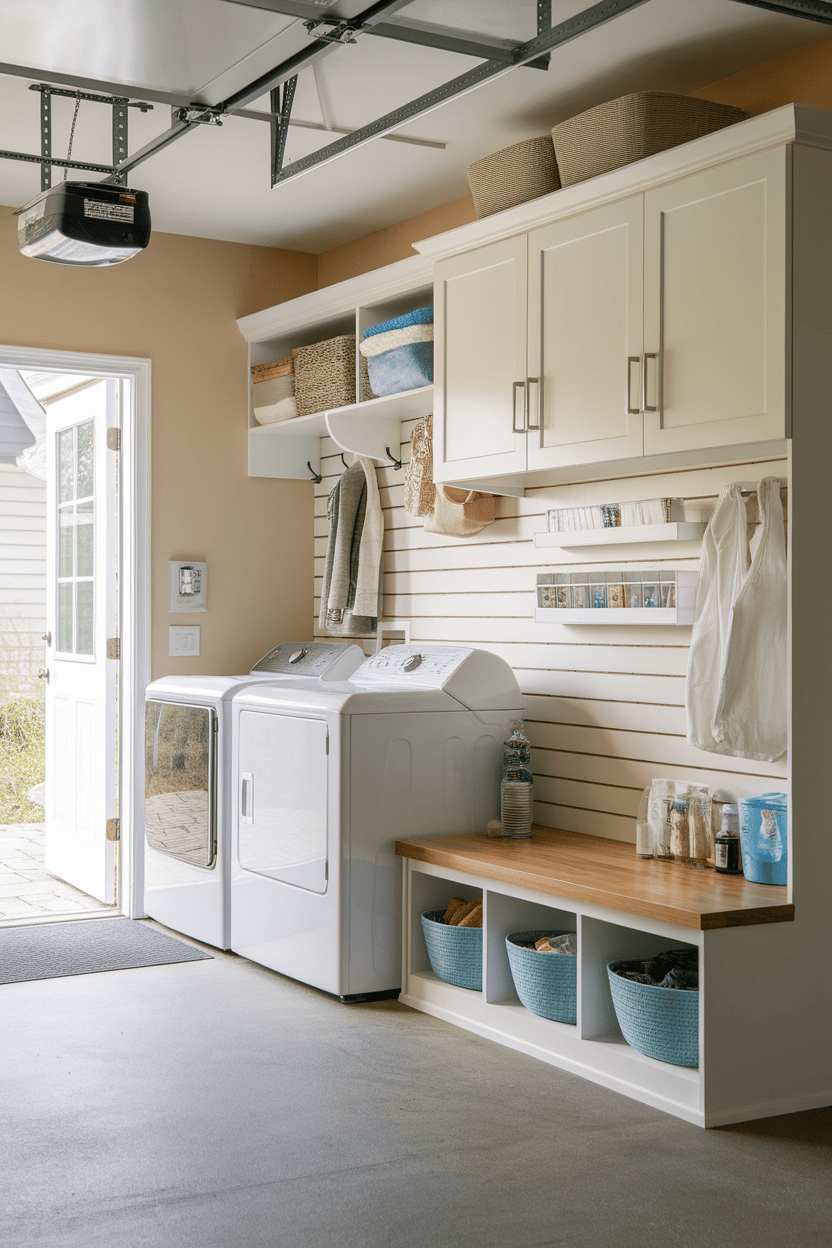 A well-organized garage mudroom with laundry appliances, storage baskets, and a welcoming entrance.