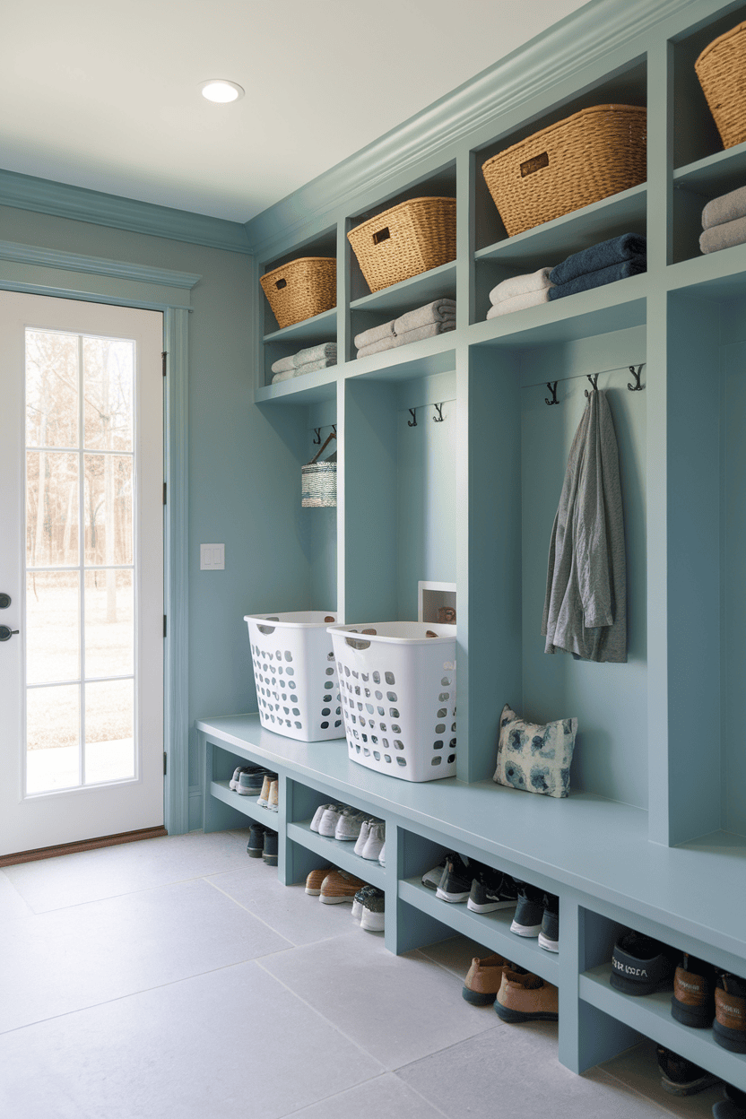 A comfortable laundry room featuring organized shelves, baskets, and a cozy seating area.