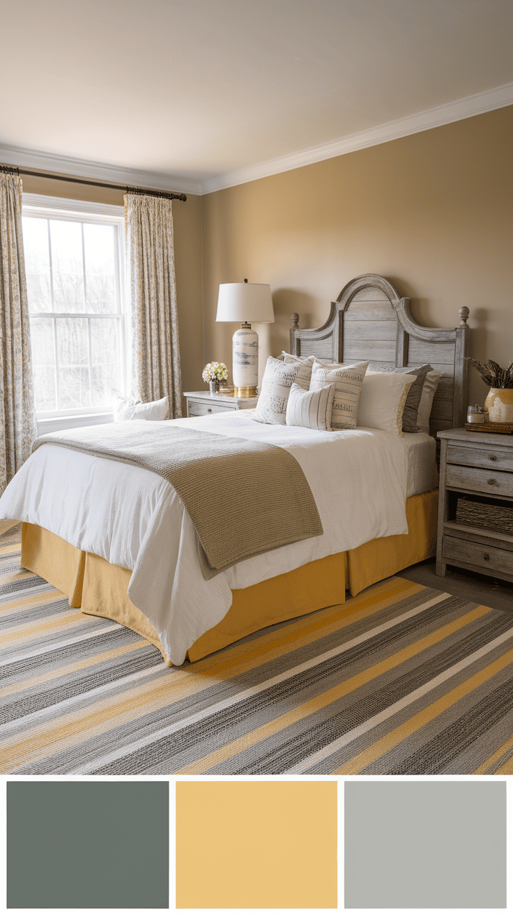 A cozy farmhouse bedroom featuring layered grey and yellow rugs.