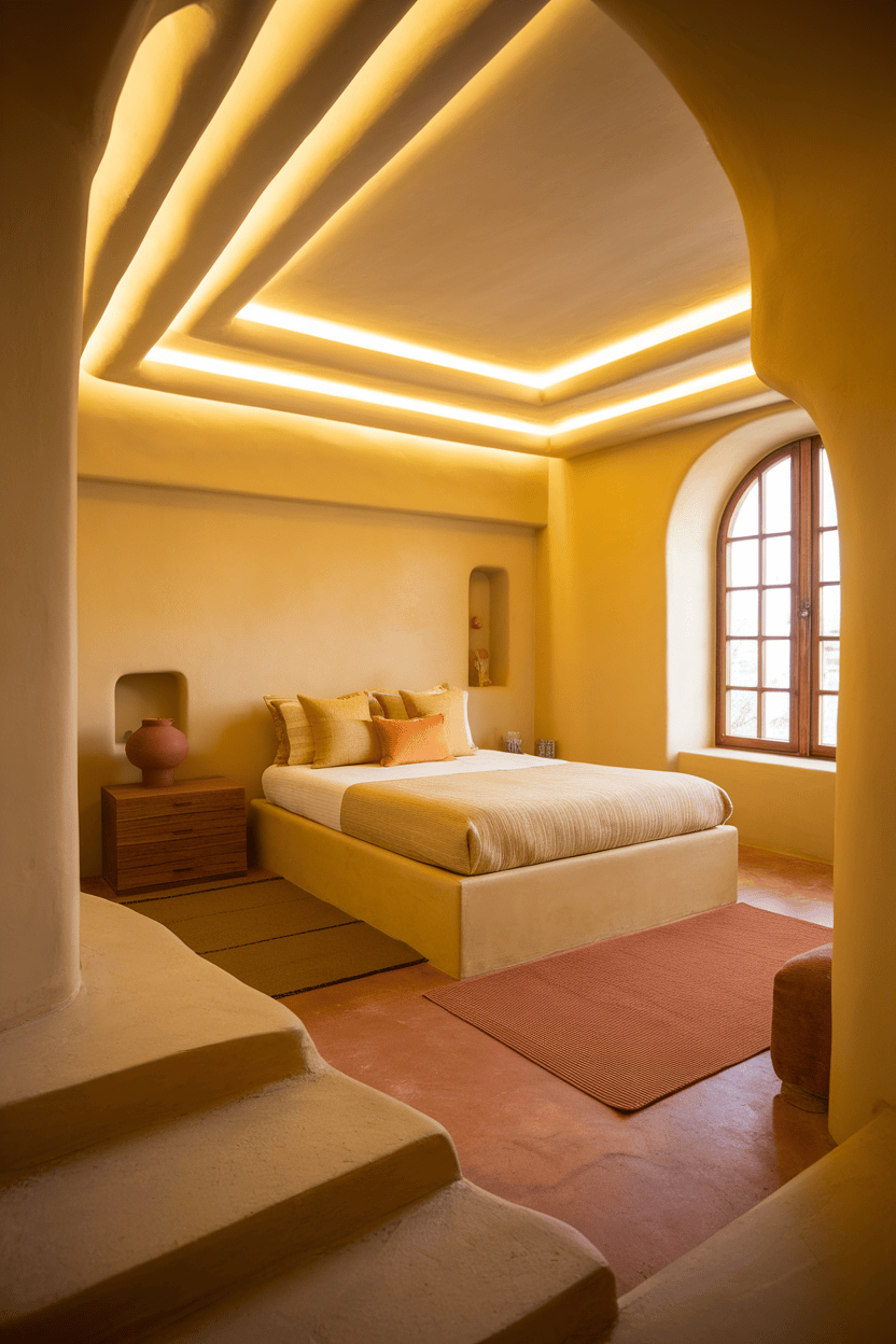 A cozy bedroom featuring warm, layered lighting with an inviting design.