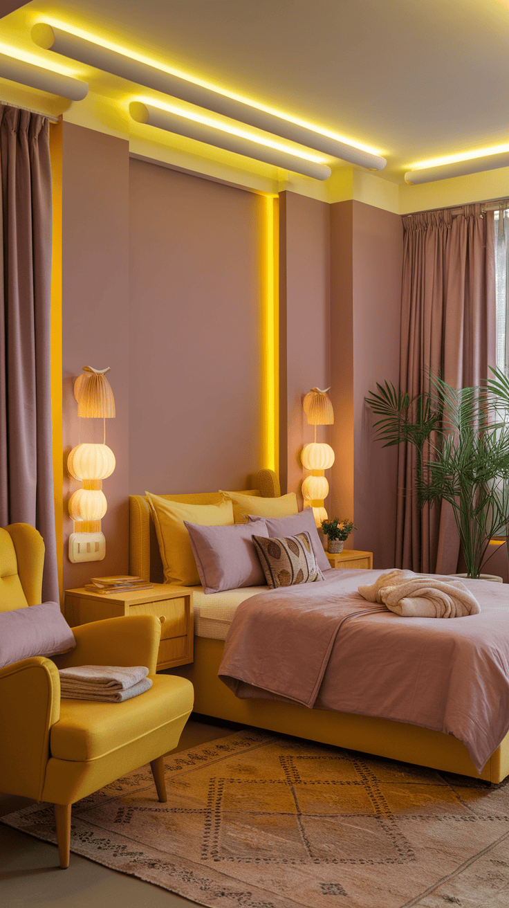 A cozy bedroom with layered yellow lighting, showcasing a warm color palette.