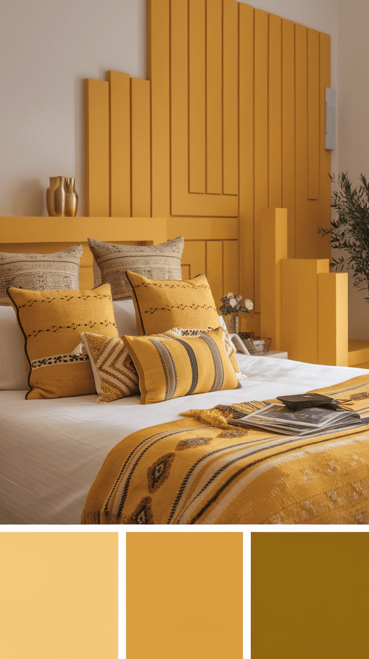 A cozy bedroom featuring layered yellow textiles, including pillows and a blanket, with a stylish yellow wall design.