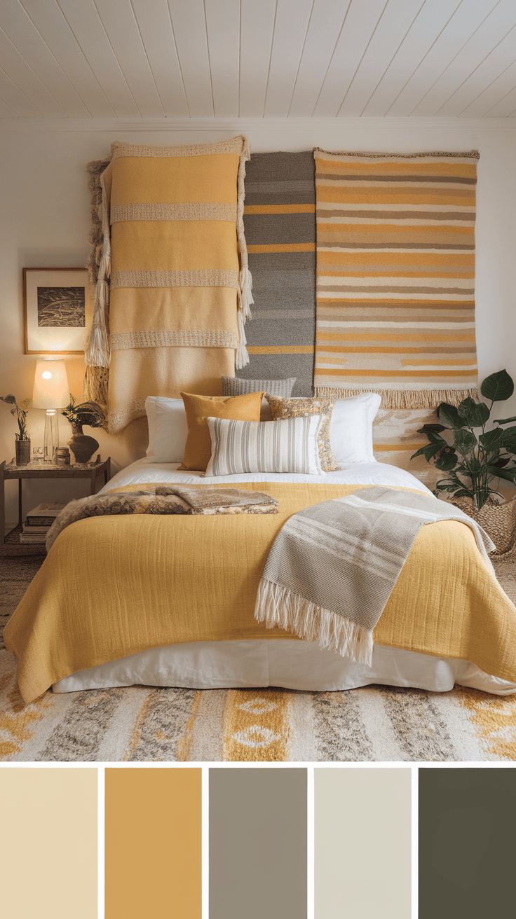 A cozy bedroom with layered textures, featuring warm colors and soft fabrics.