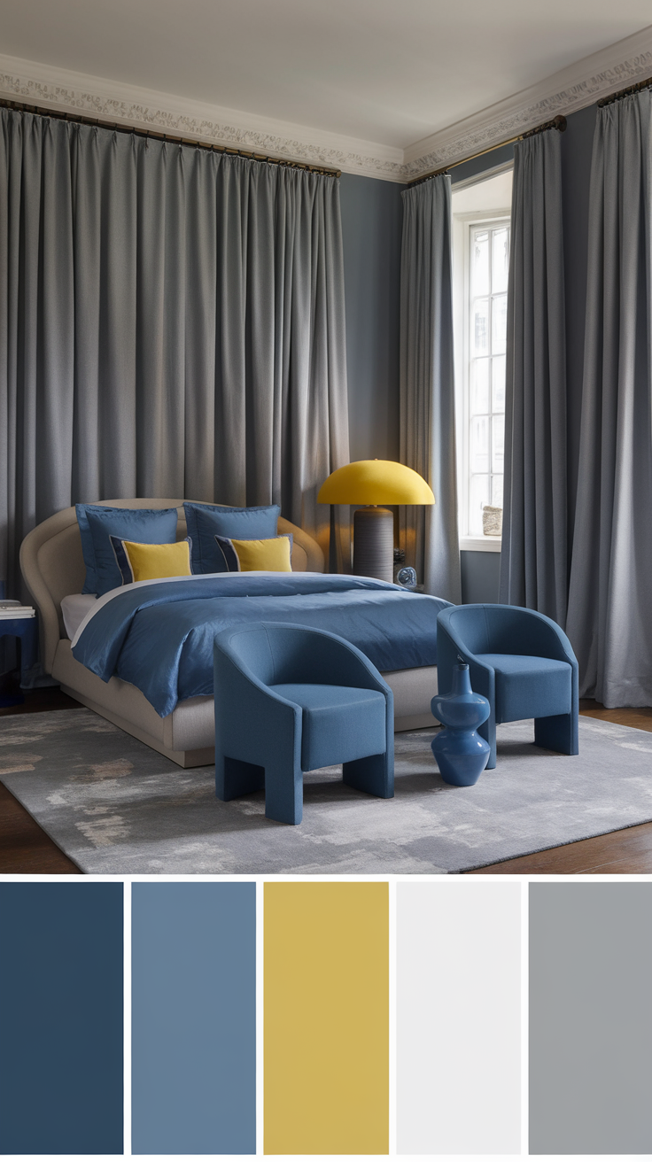 A stylish bedroom with gray curtains, blue bedding, and yellow accents.