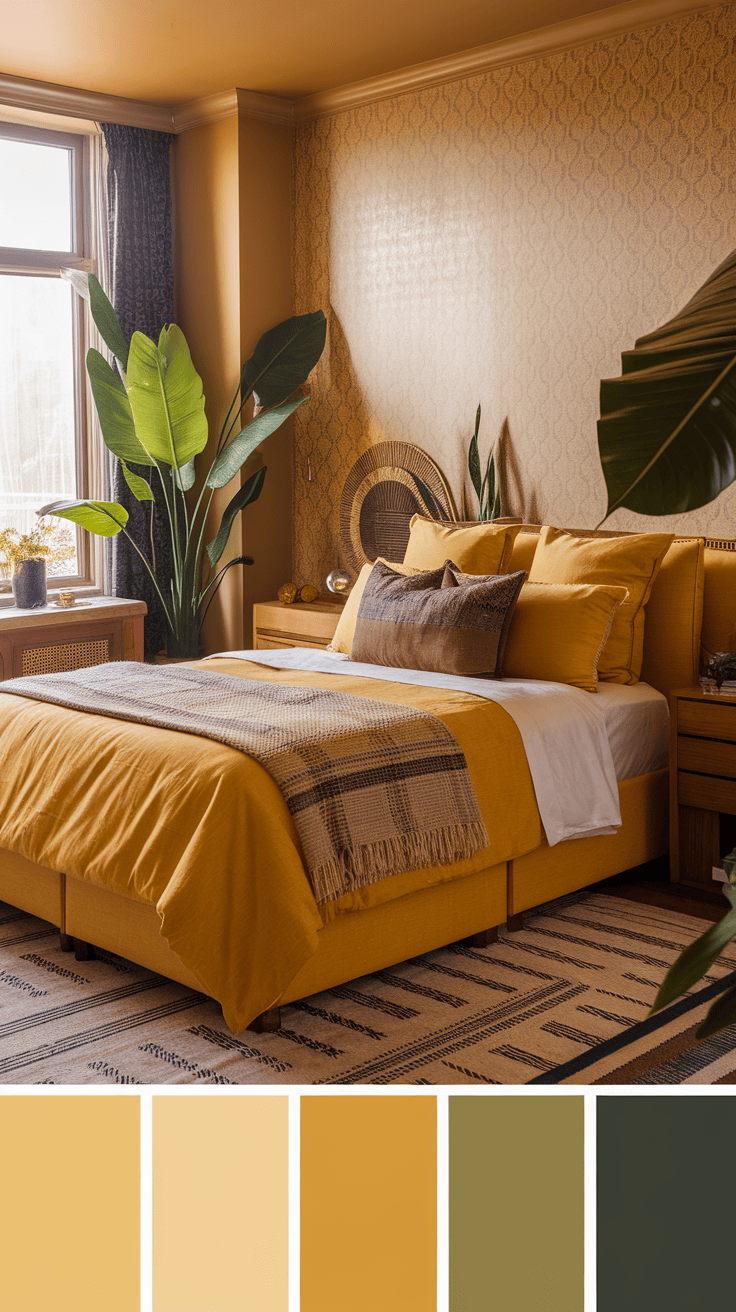 A cozy masculine yellow bedroom featuring layered textures with plants and warm lighting.