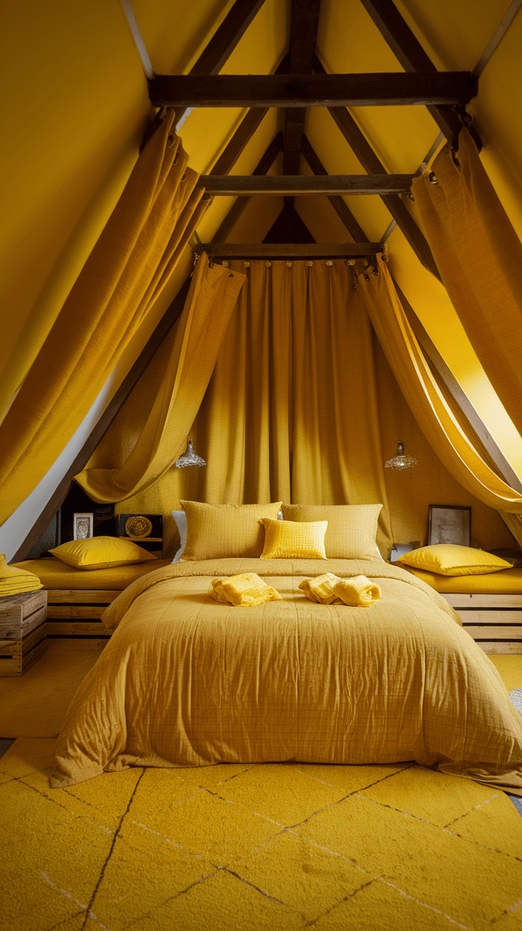 A cozy yellow attic bedroom with layered textures, featuring warm tones and soft furnishings.