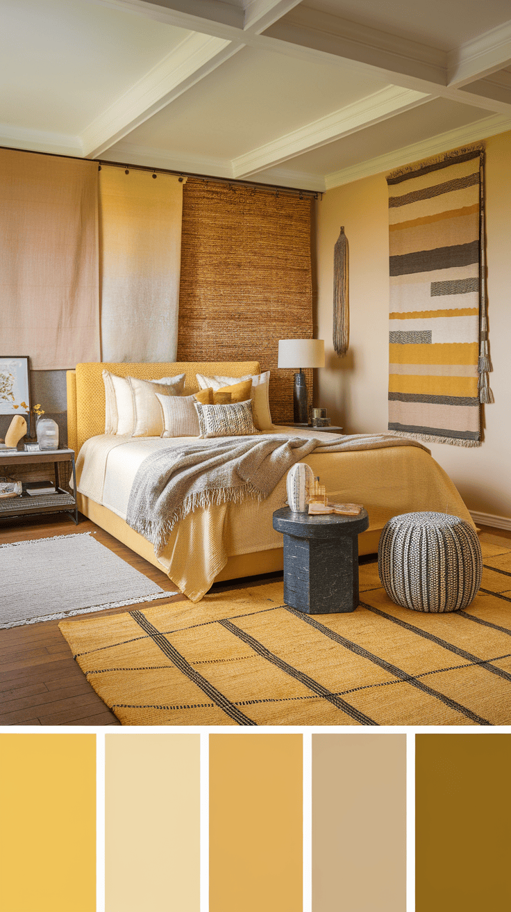 A cozy yellow and neutral bedroom featuring layered textures and warm tones.