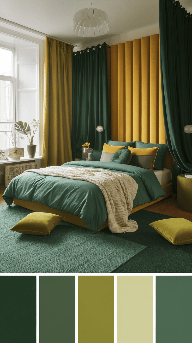 A beautifully designed bedroom featuring emerald green and yellow textures, with green curtains, a yellow bed frame, and vibrant cushions.