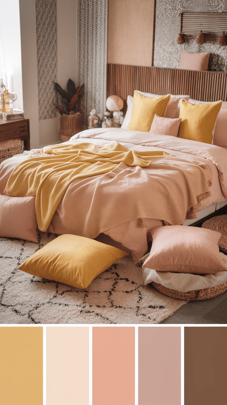 Cozy yellow and blush bedroom with layered textures and warm colors.