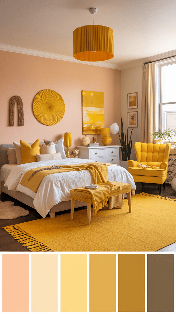 A cozy eclectic bedroom featuring various shades of yellow decor and furnishings.