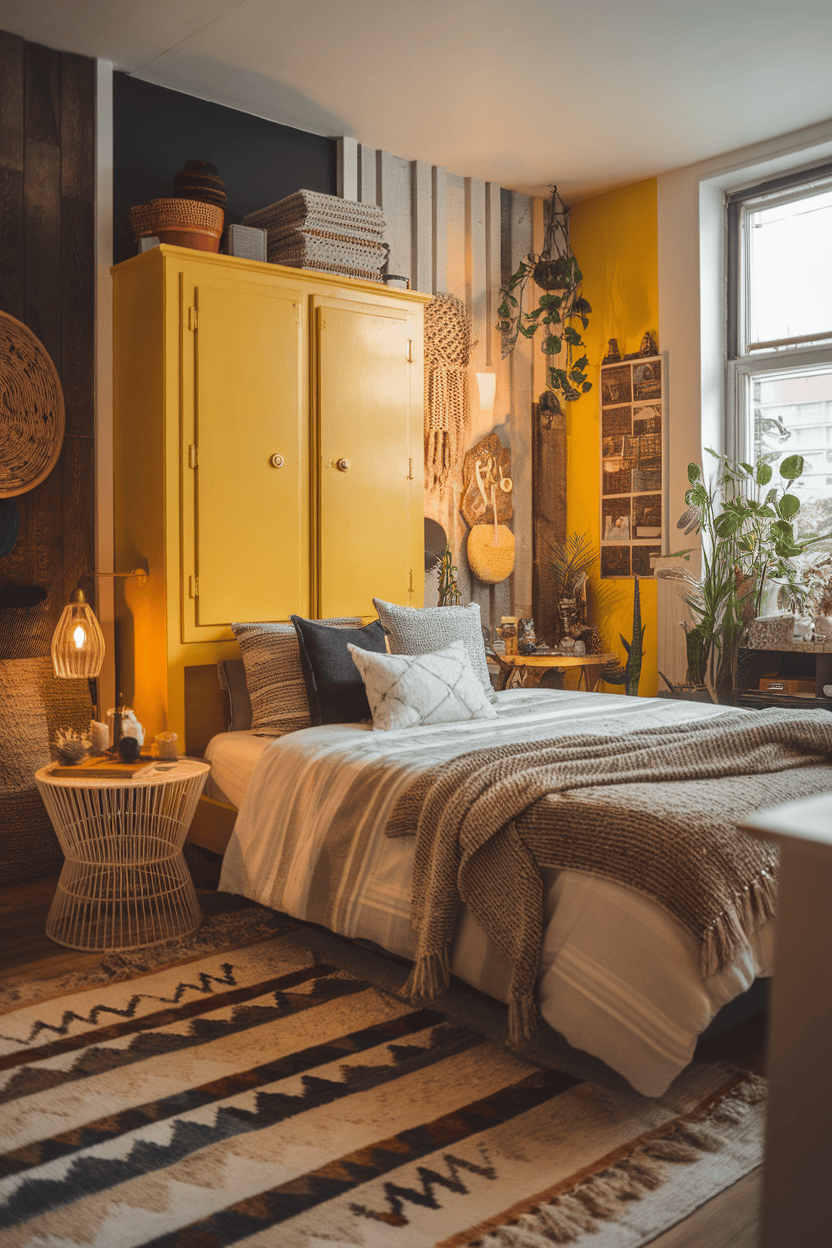 Cozy bedroom with yellow cabinet and layered textures.