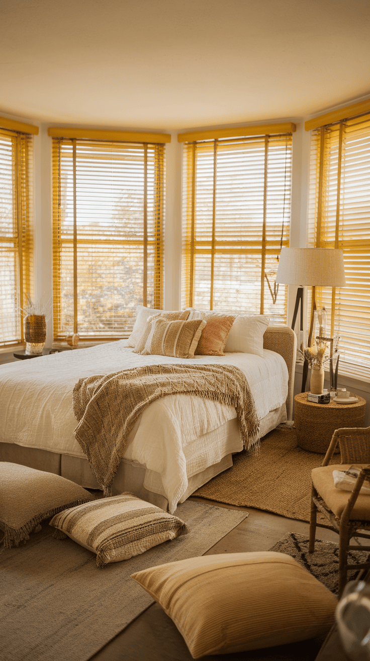 A bright bedroom featuring yellow blinds, a cozy bed with textured pillows, and warm lighting